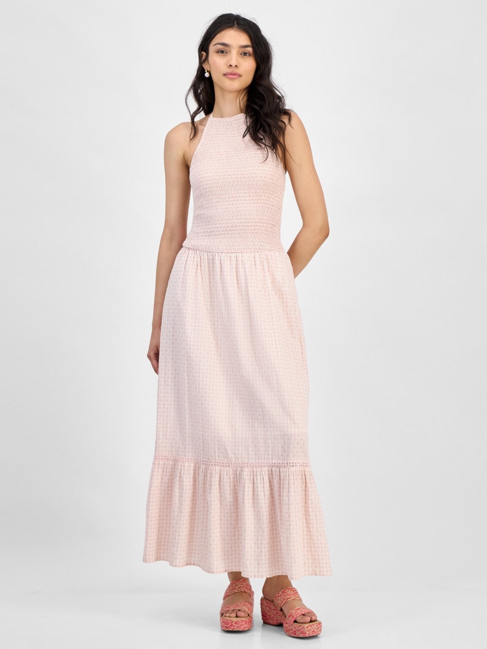 Swiss Dot Gingham Halter Maxi Dress Smocked Top Ruffle Tiered Skirt Cottagecore - Picture 3 of 10